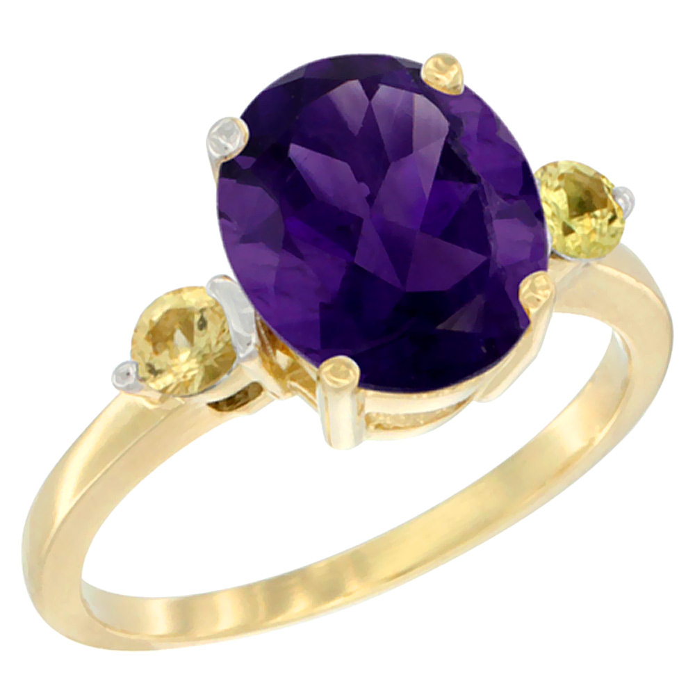 14K Yellow Gold 10x8mm Oval Natural Amethyst Ring for Women Yellow Sapphire Side-stones sizes 5 - 10