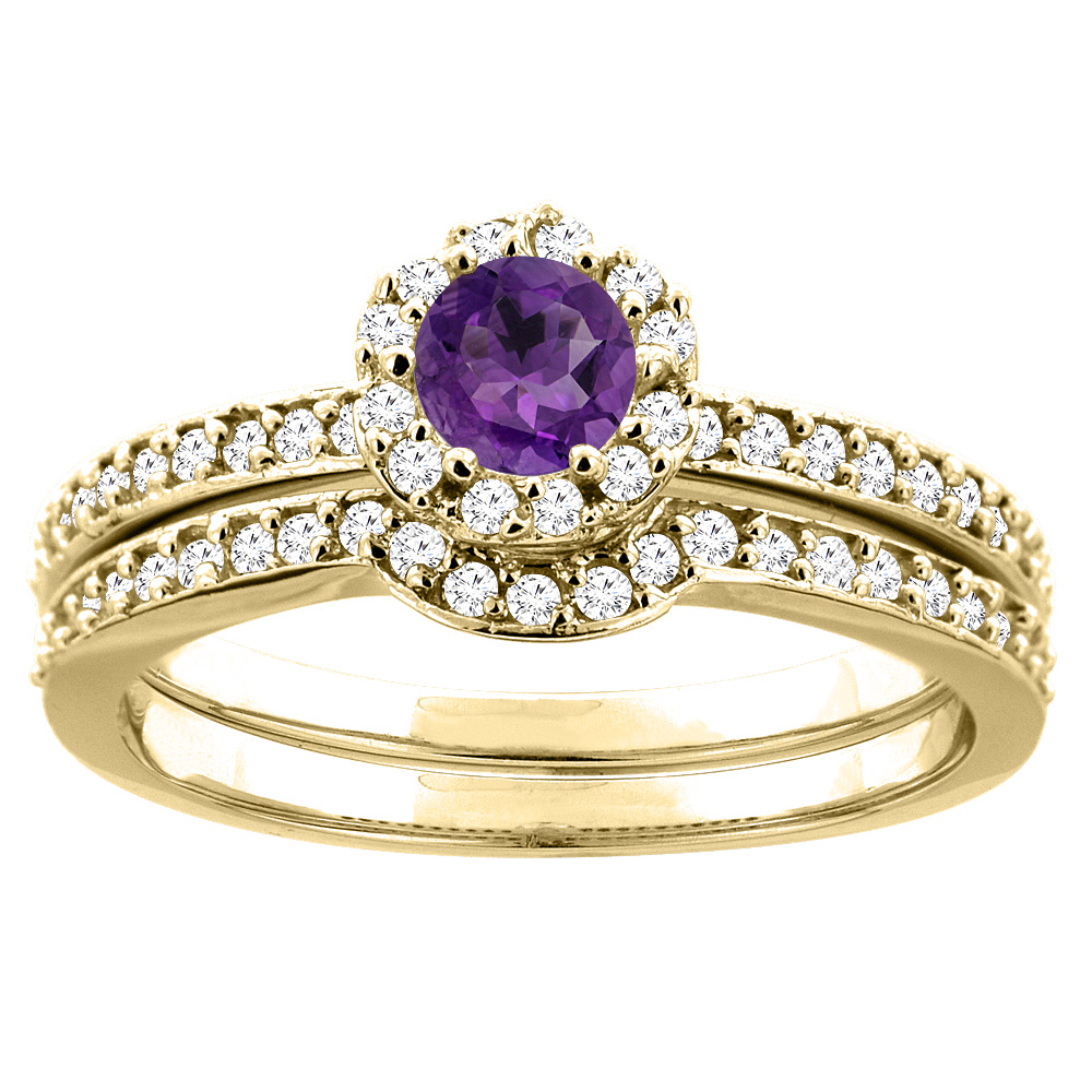 10K Yellow Gold Natural Amethyst 2-pc Bridal Ring Set Diamond Accent Round 4mm, sizes 5 - 10