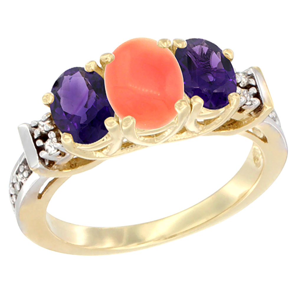 14K Yellow Gold Natural Coral & Amethyst Ring 3-Stone Oval Diamond Accent