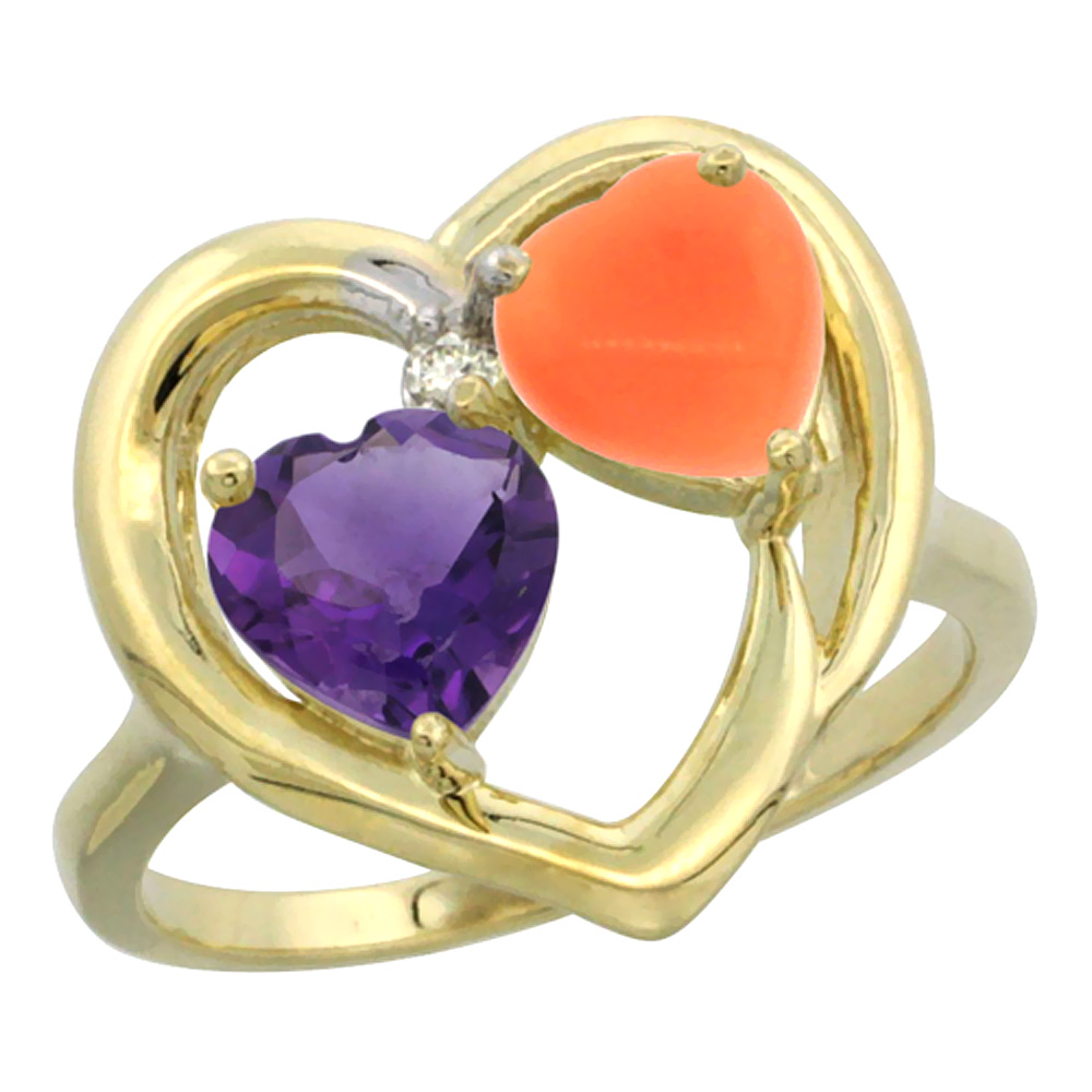 14K Yellow Gold Diamond Two-stone Heart Ring 6mm Natural Amethyst & Coral, sizes 5-10