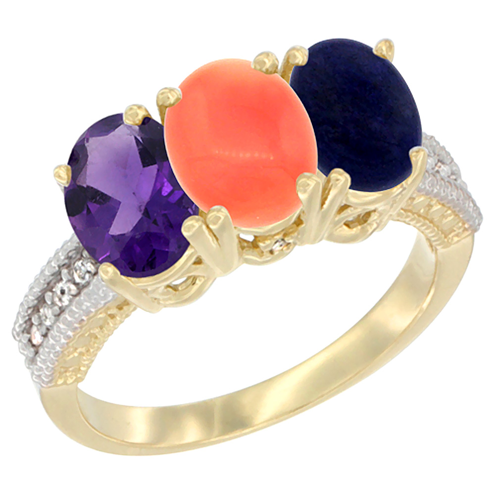 14K Yellow Gold Natural Amethyst, Coral & Lapis Ring 3-Stone 7x5 mm Oval Diamond Accent, sizes 5 - 10