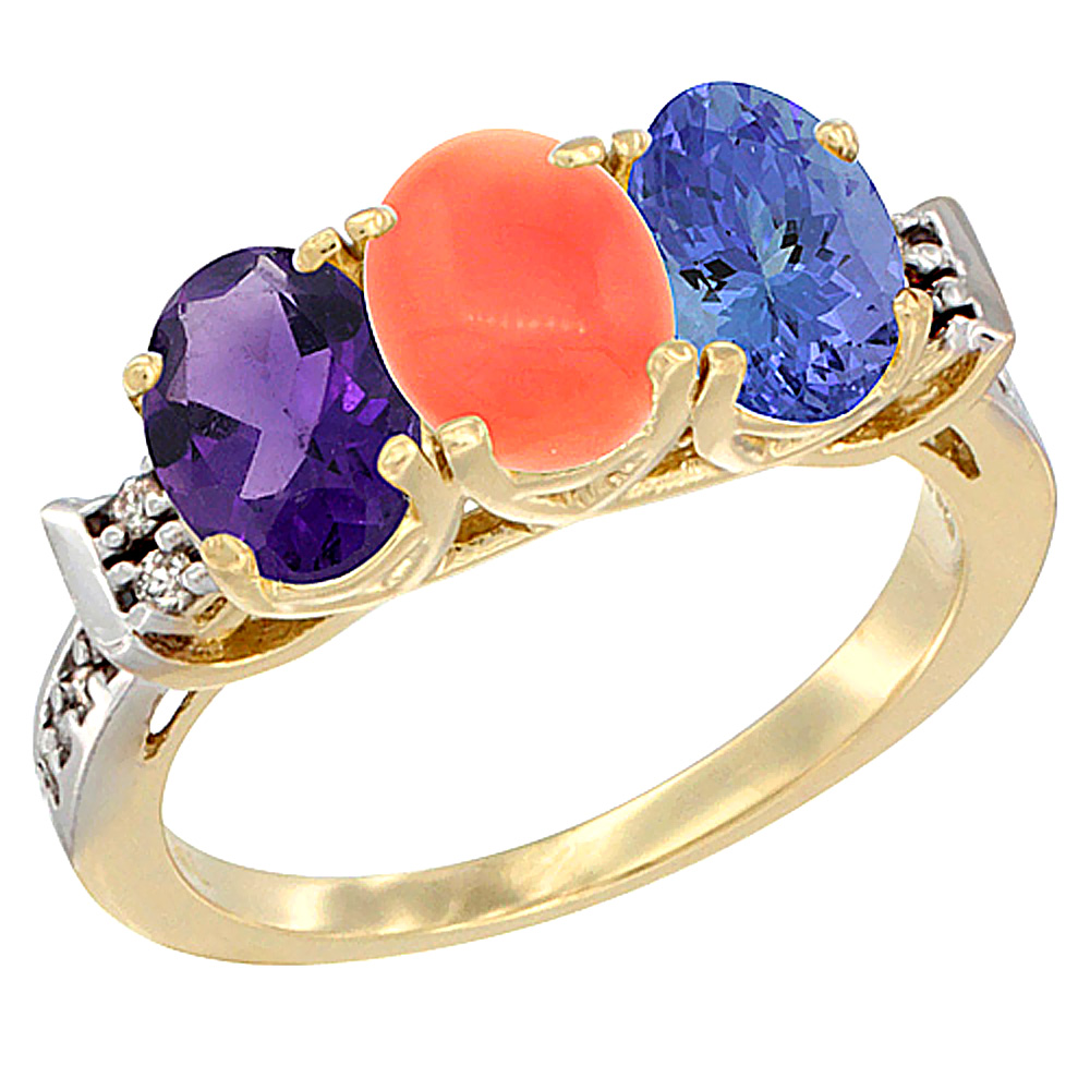 14K Yellow Gold Natural Amethyst, Coral & Tanzanite Ring 3-Stone 7x5 mm Oval Diamond Accent, sizes 5 - 10
