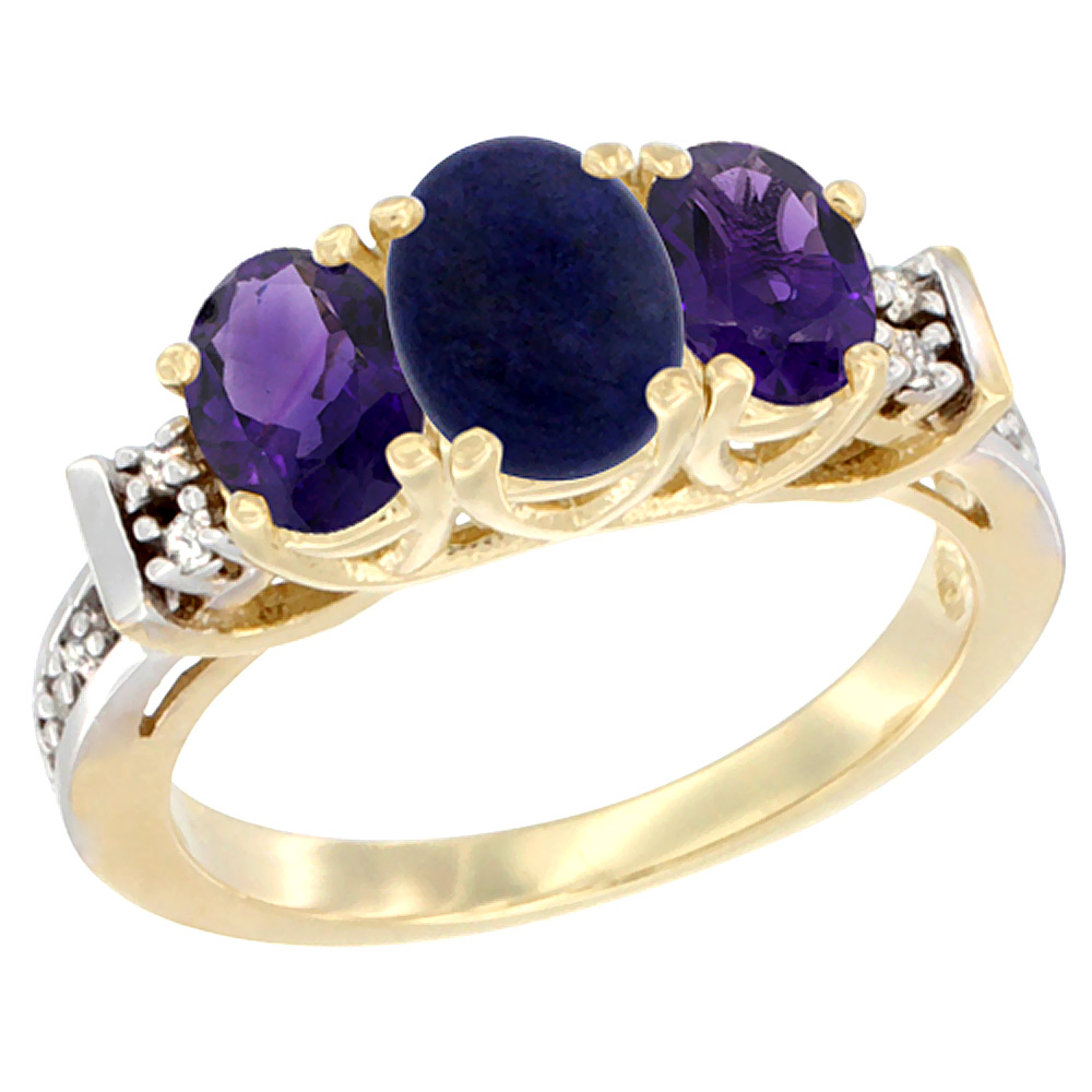 10K Yellow Gold Natural Lapis & Amethyst Ring 3-Stone Oval Diamond Accent
