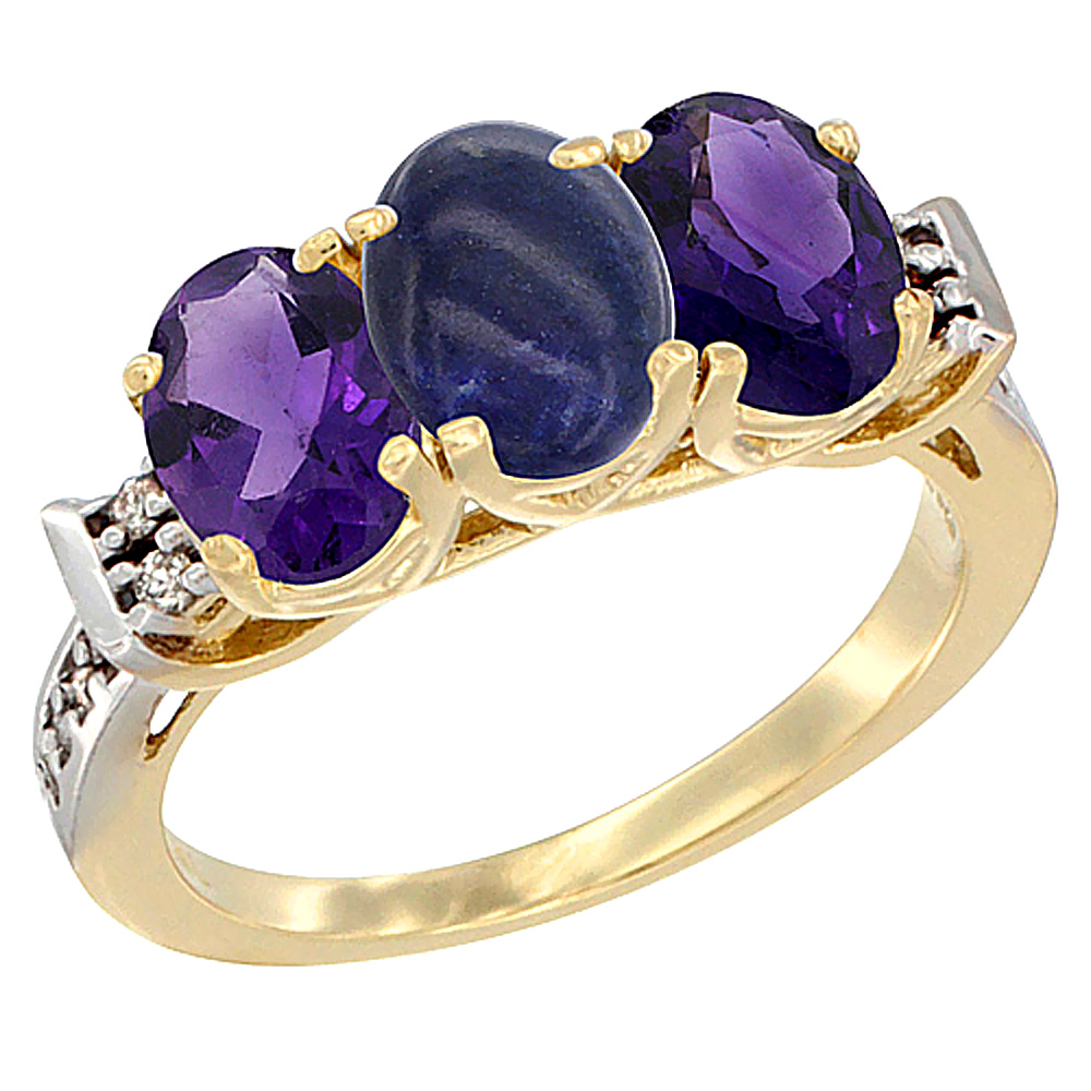 10K Yellow Gold Natural Lapis & Amethyst Sides Ring 3-Stone Oval 7x5 mm Diamond Accent, sizes 5 - 10