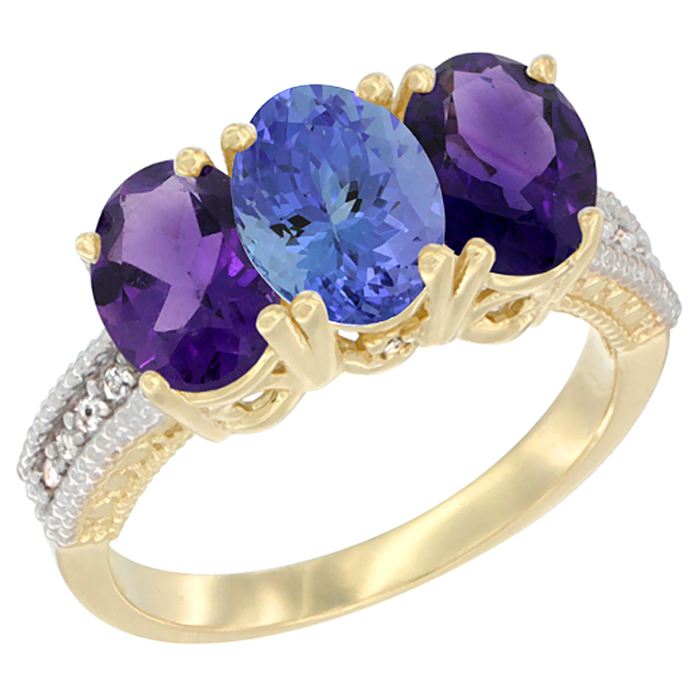 14K Yellow Gold Natural Tanzanite & Amethyst Ring 3-Stone 7x5 mm Oval Diamond Accent, sizes 5 - 10