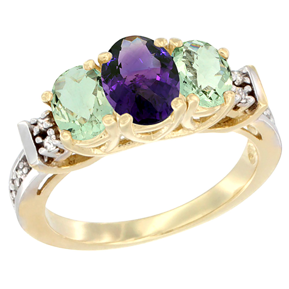 10K Yellow Gold Natural Amethyst & Green Amethyst Ring 3-Stone Oval Diamond Accent