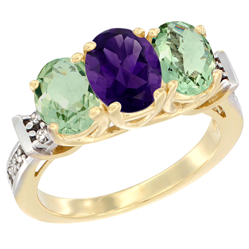 14K Yellow Gold Natural Purple & Green Amethysts Ring 3-Stone Oval Diamond Accent, sizes 5 - 10