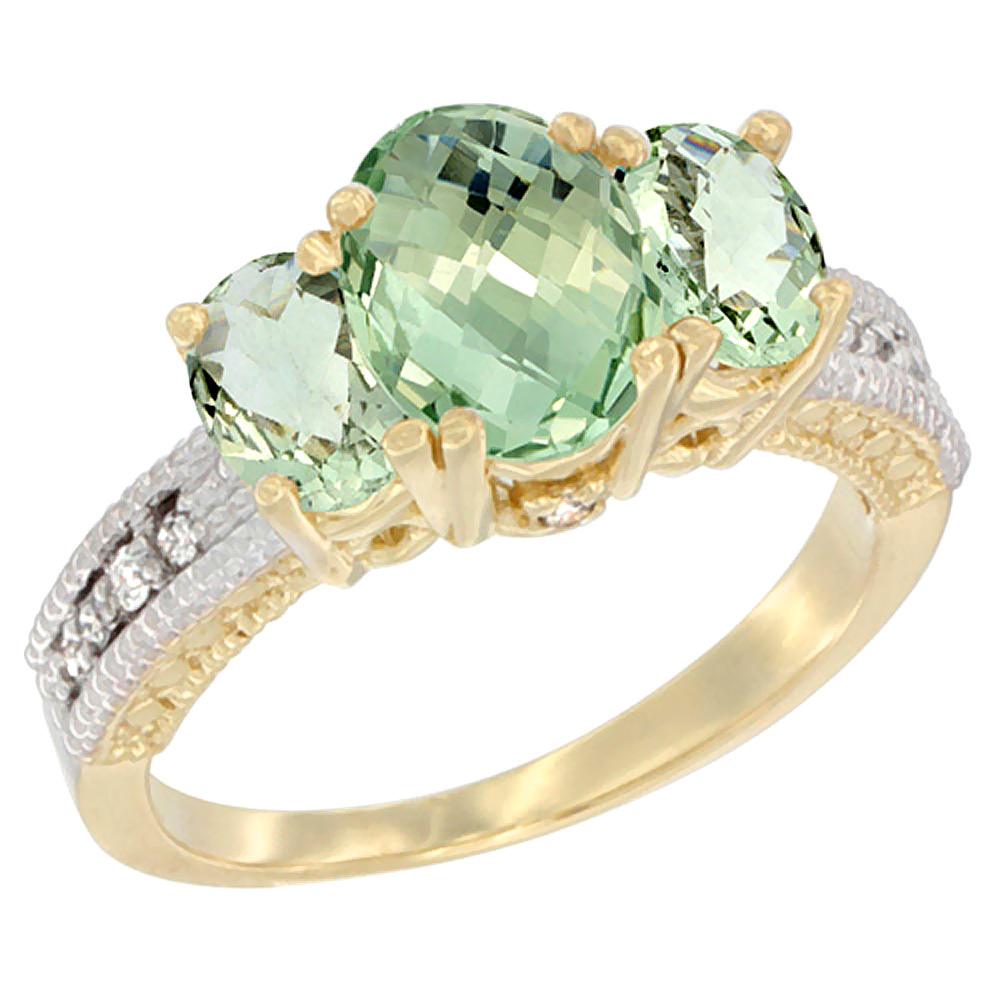 10K Yellow Gold Diamond Natural Green Amethyst Ring Oval 3-stone, sizes 5 - 10