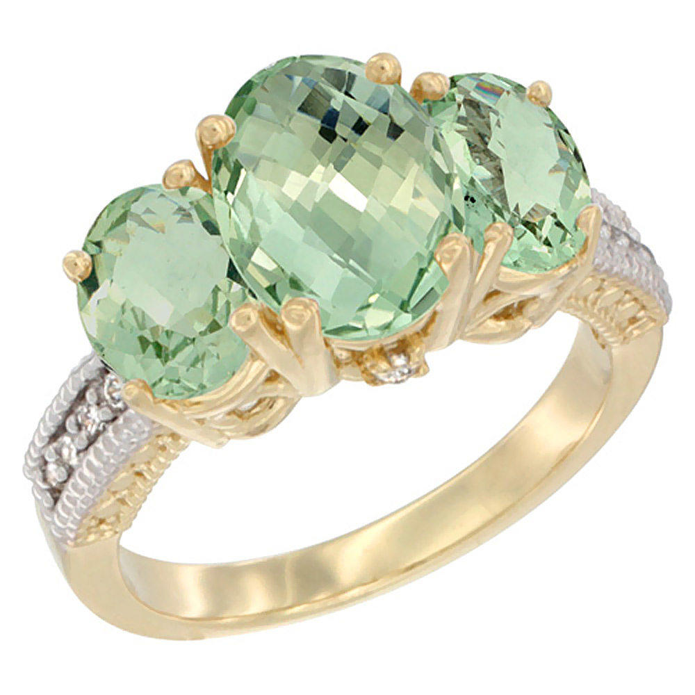 14K Yellow Gold Diamond Natural Green Amethyst Ring 3-Stone Oval 8x6mm, sizes5-10