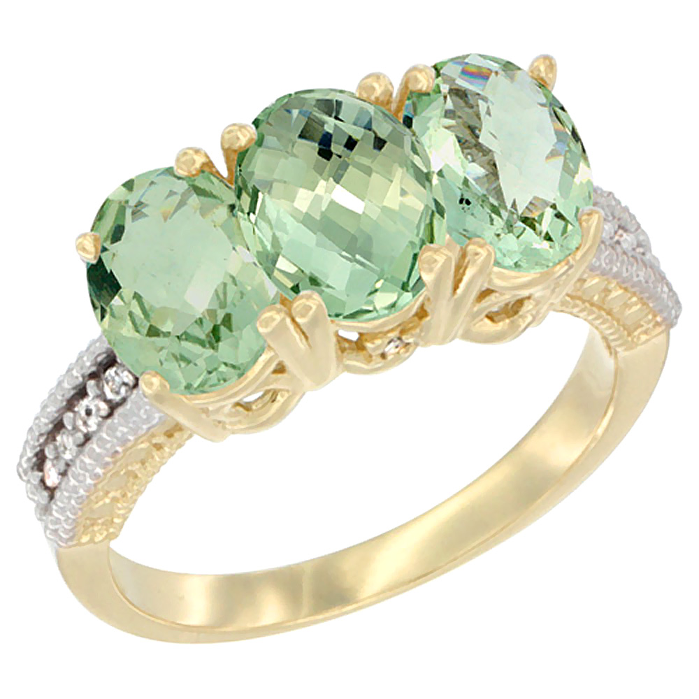 14K Yellow Gold Natural Green Amethyst Ring 3-Stone 7x5 mm Oval Diamond Accent, sizes 5 - 10