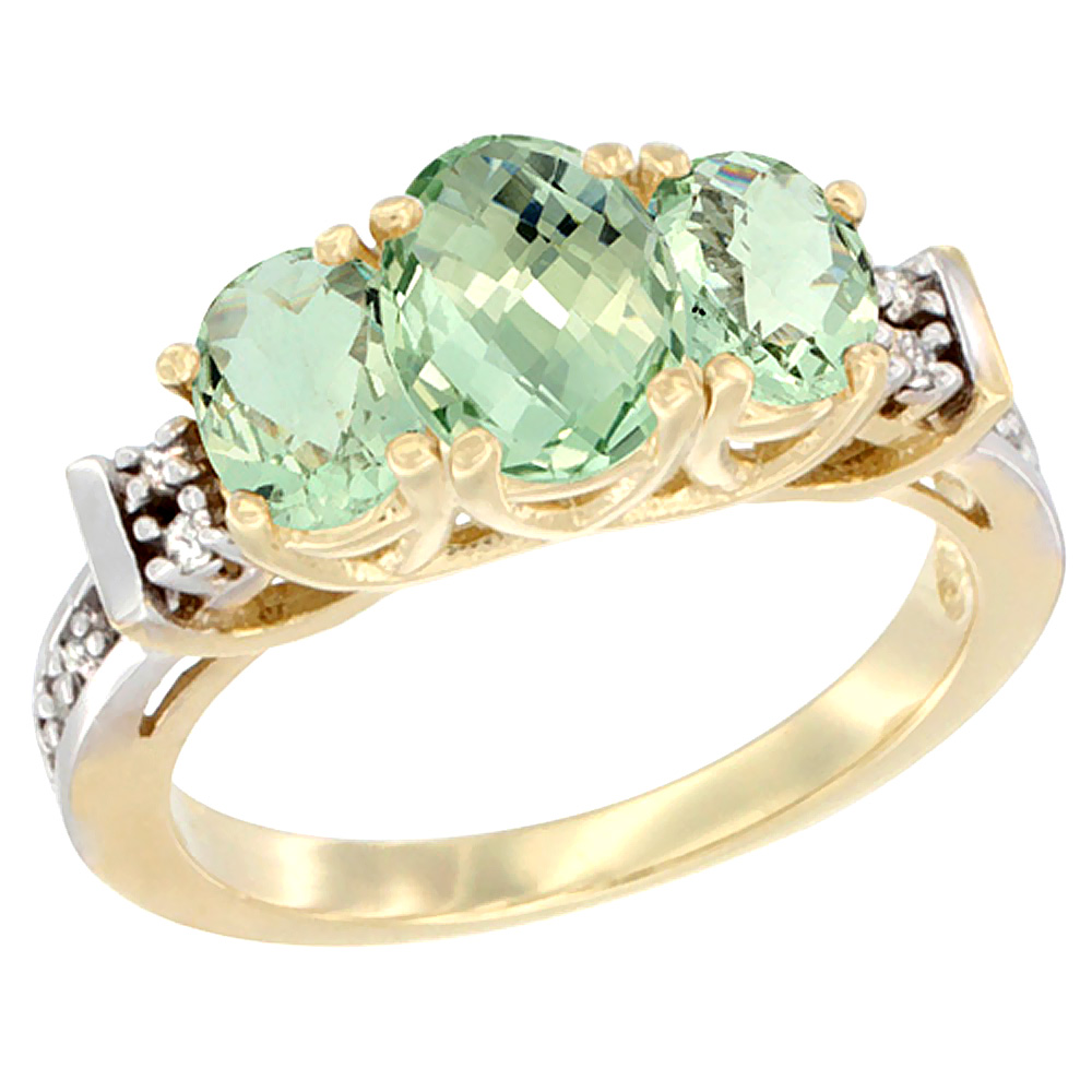10K Yellow Gold Natural Green Amethyst Ring 3-Stone Oval Diamond Accent