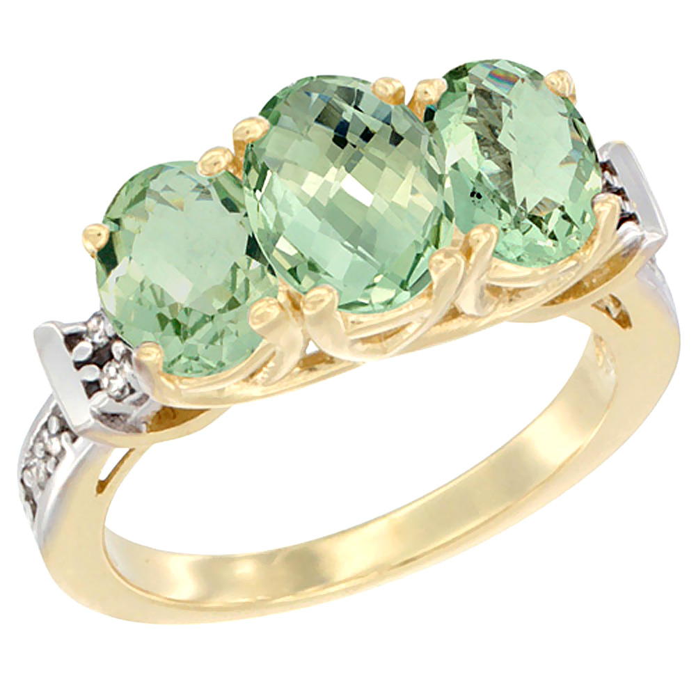 14K Yellow Gold Natural Green Amethyst Ring 3-Stone Oval Diamond Accent, sizes 5 - 10