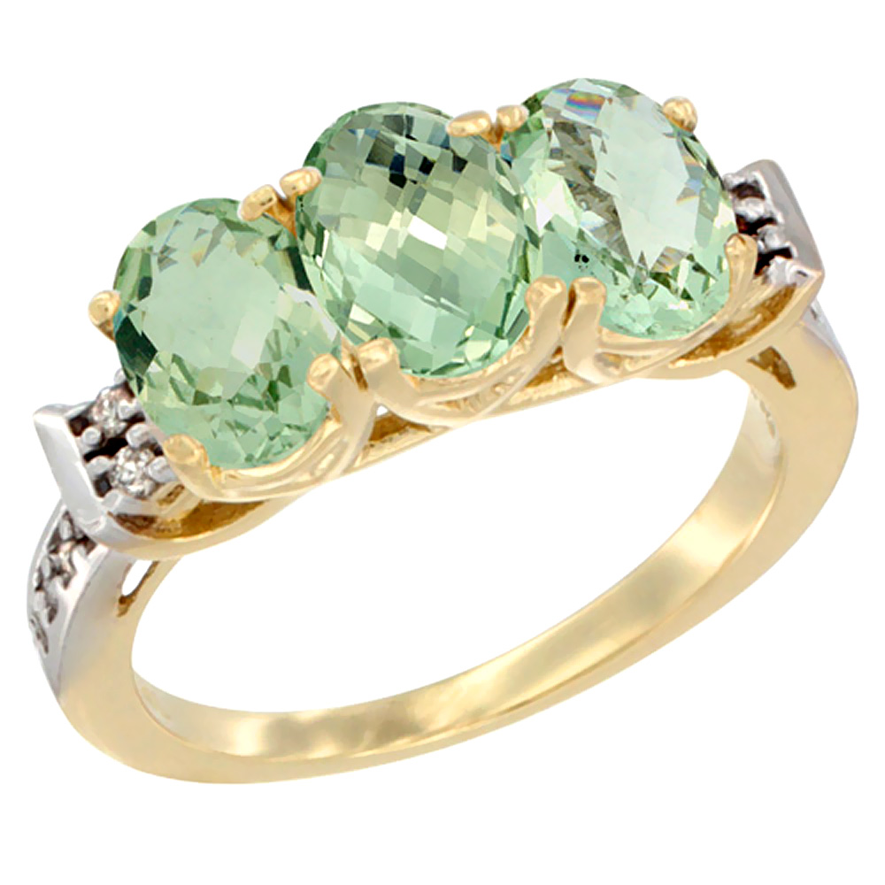 10K Yellow Gold Natural Green Amethyst Ring 3-Stone Oval 7x5 mm Diamond Accent, sizes 5 - 10