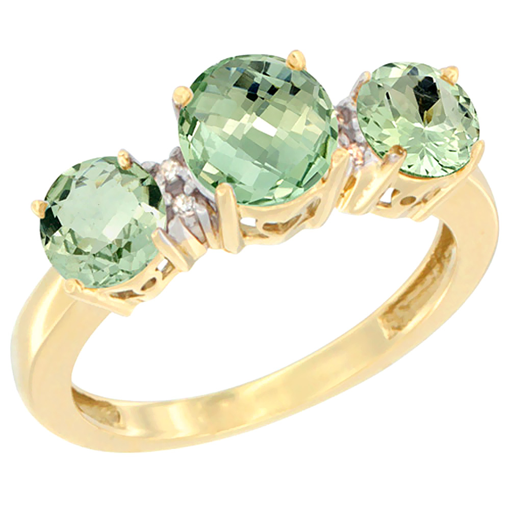 10K Yellow Gold Round 3-Stone Natural Green Amethyst Ring Diamond Accent, sizes 5 - 10