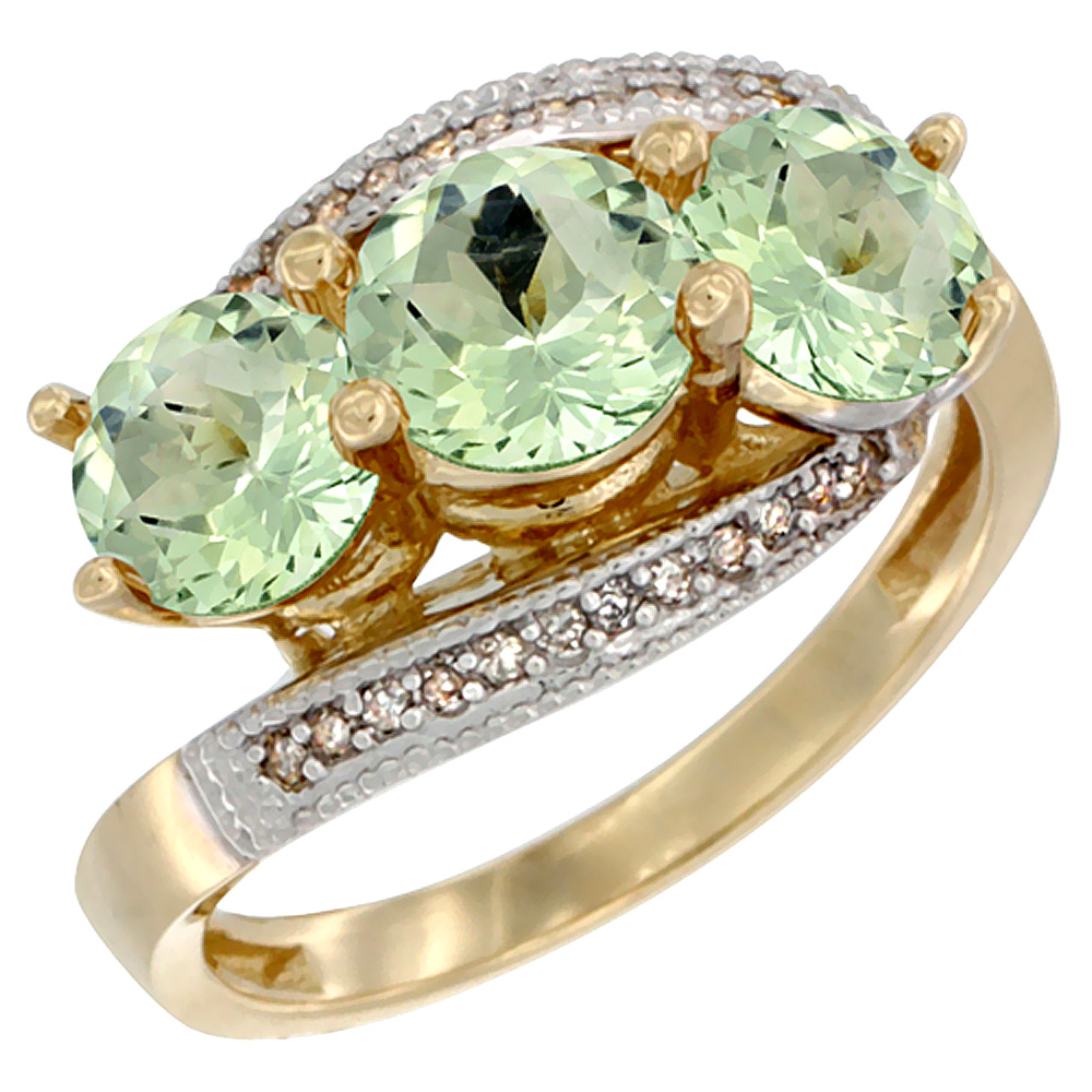 10K Yellow Gold Natural Green Amethyst 3 stone Ring Round 6mm Diamond Accent, sizes 5 - 10
