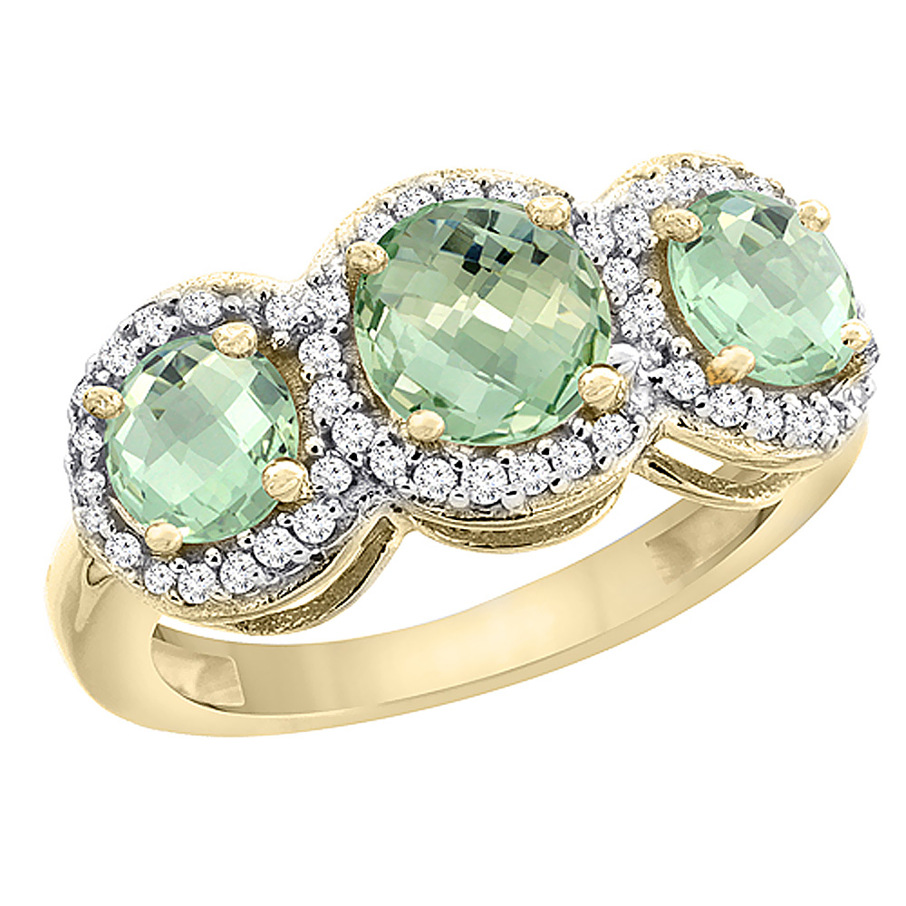 10K Yellow Gold Natural Green Amethyst Round 3-stone Ring Diamond Accents, sizes 5 - 10