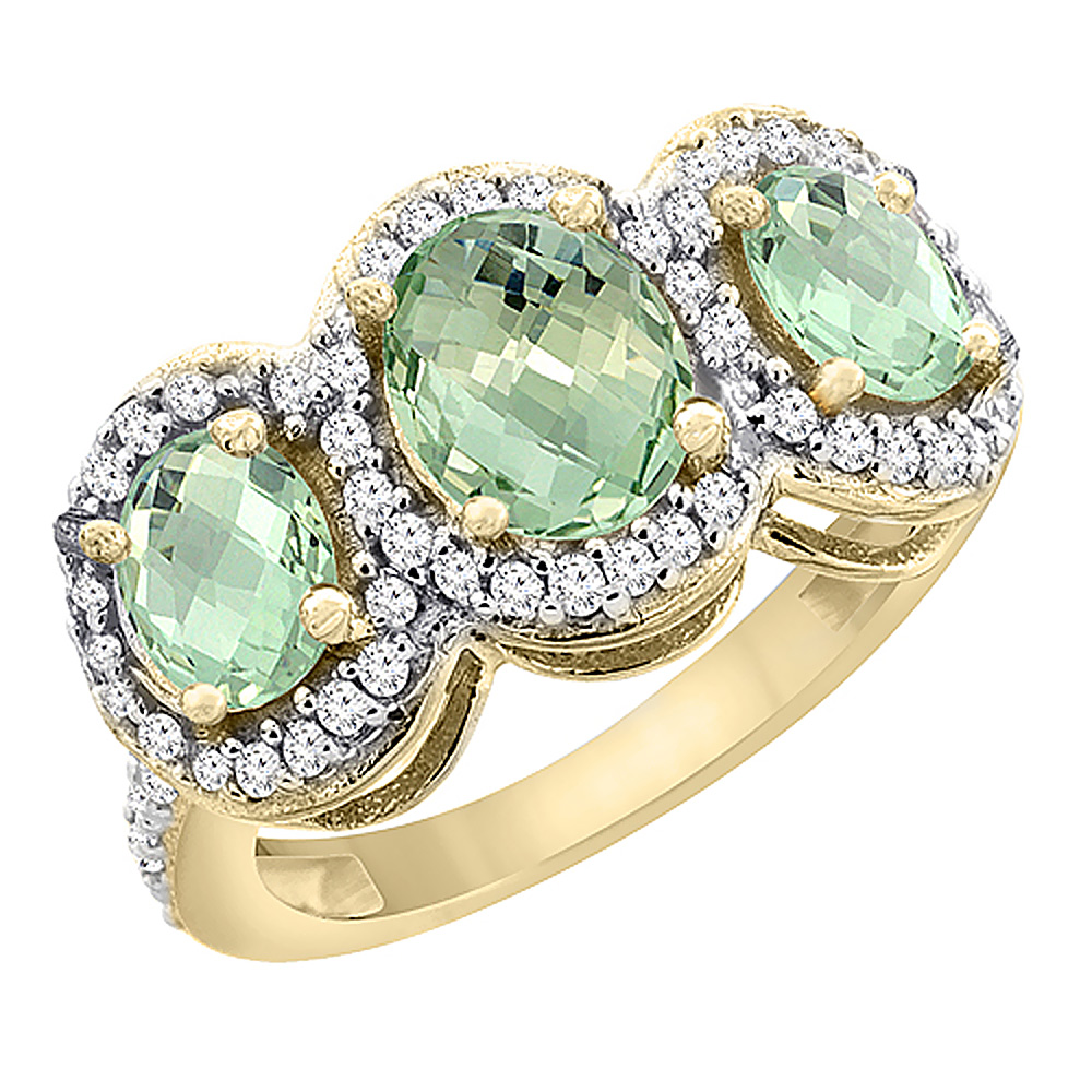 14K Yellow Gold Natural Green Amethyst 3-Stone Ring Oval Diamond Accent, sizes 5 - 10