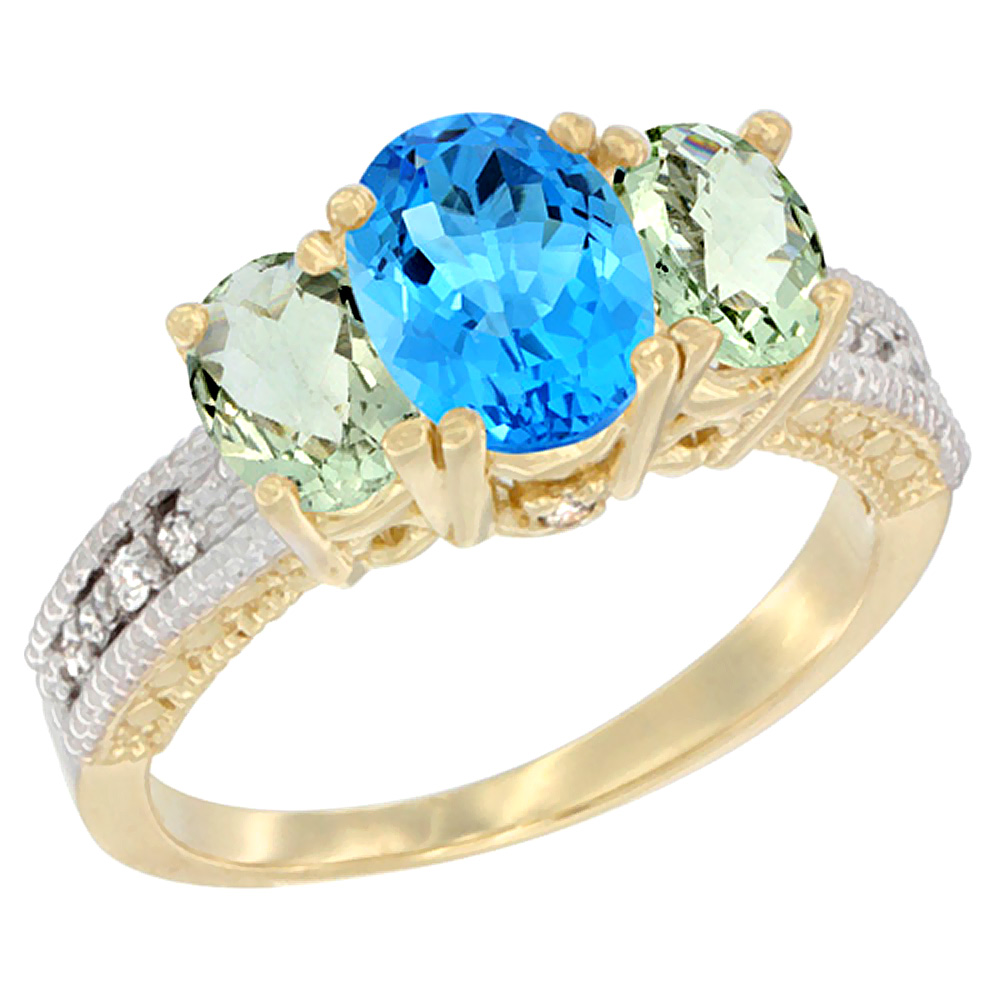 10K Yellow Gold Diamond Natural Swiss Blue Topaz Ring Oval 3-stone with Green Amethyst, sizes 5 - 10