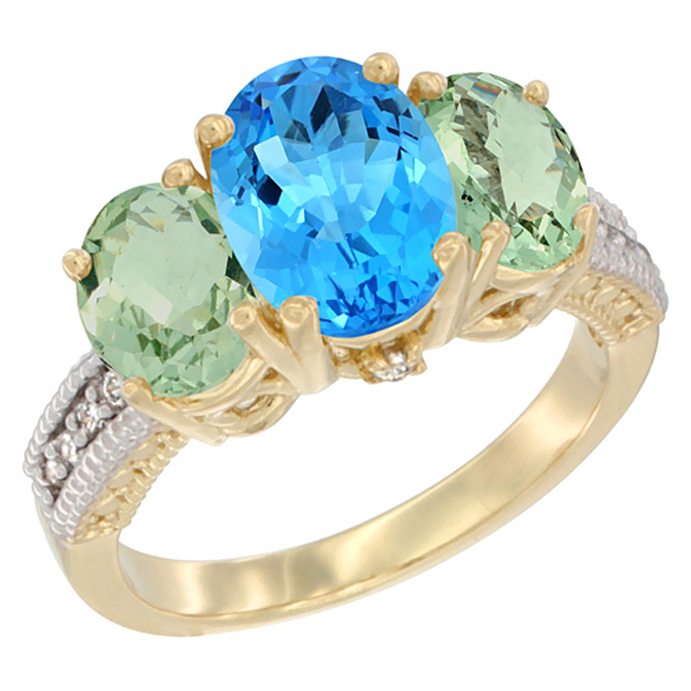 14K Yellow Gold Diamond Natural Swiss Blue Topaz Ring 3-Stone Oval 8x6mm with Green Amethyst, sizes5-10