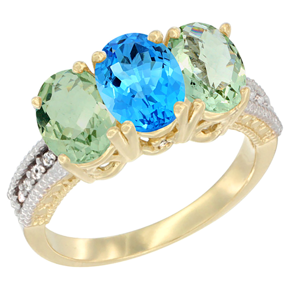 14K Yellow Gold Natural Swiss Blue Topaz &amp; Green Amethyst Ring 3-Stone 7x5 mm Oval Diamond Accent, sizes 5 - 10