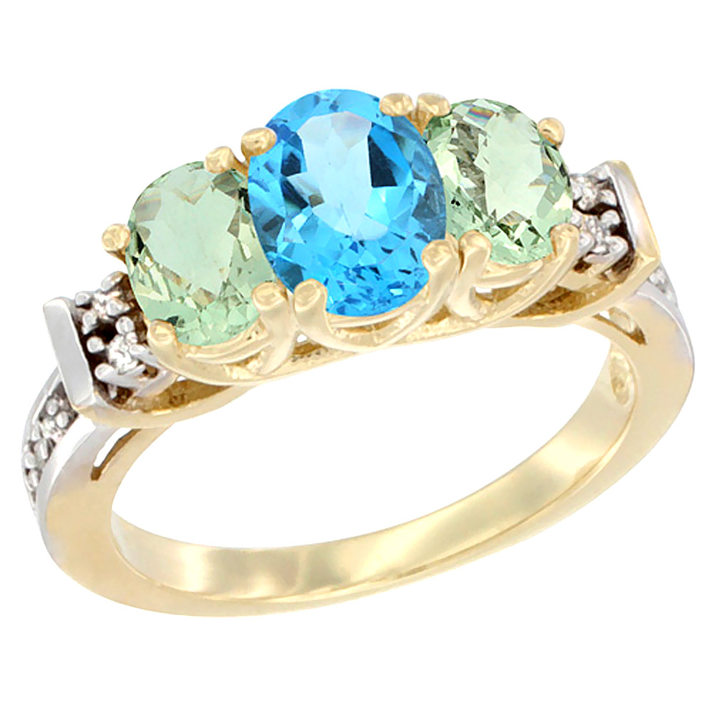 14K Yellow Gold Natural Swiss Blue Topaz & Green Amethyst Ring 3-Stone Oval Diamond Accent