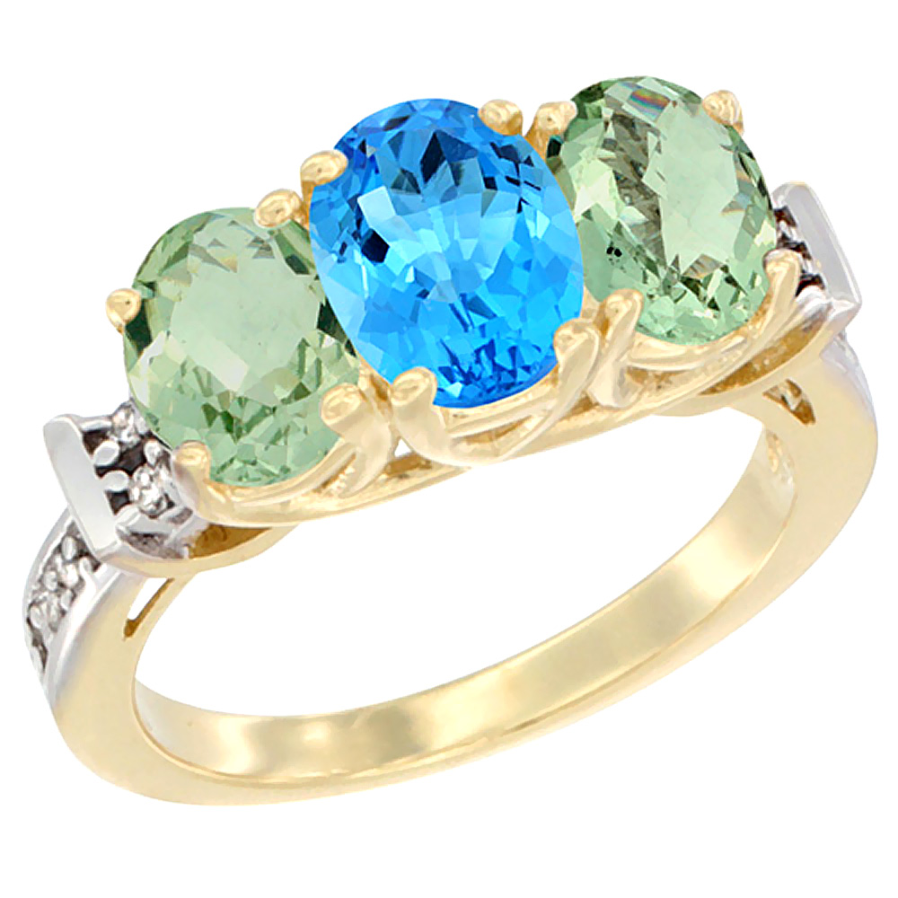 14K Yellow Gold Natural Swiss Blue Topaz &amp; Green Amethyst Sides Ring 3-Stone Oval Diamond Accent, sizes 5 - 10