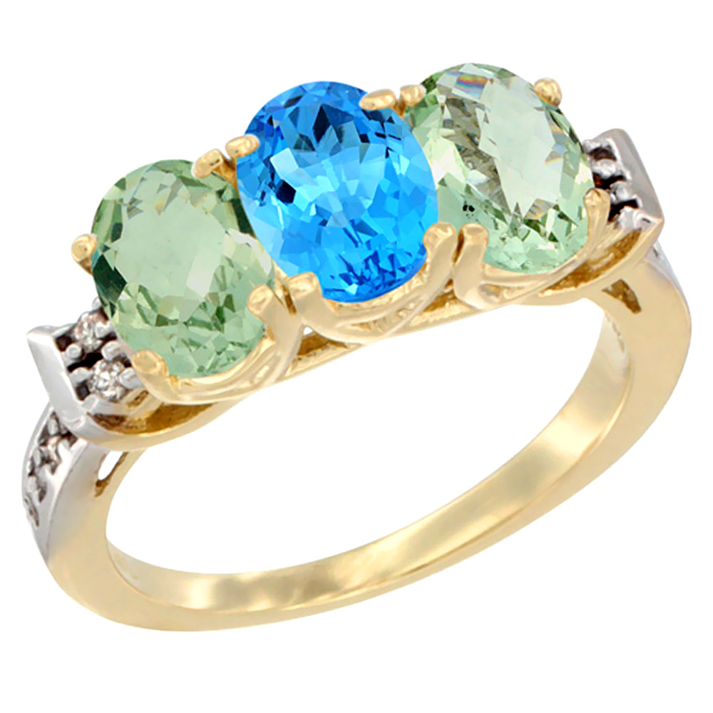 10K Yellow Gold Natural Swiss Blue Topaz &amp; Green Amethyst Sides Ring 3-Stone Oval 7x5 mm Diamond Accent, sizes 5 - 10