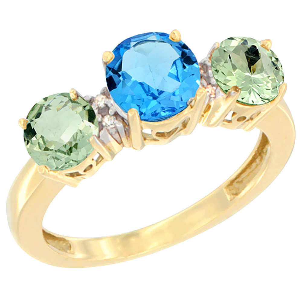 10K Yellow Gold Round 3-Stone Natural Swiss Blue Topaz Ring & Green Amethyst Sides Diamond Accent, sizes 5 - 10