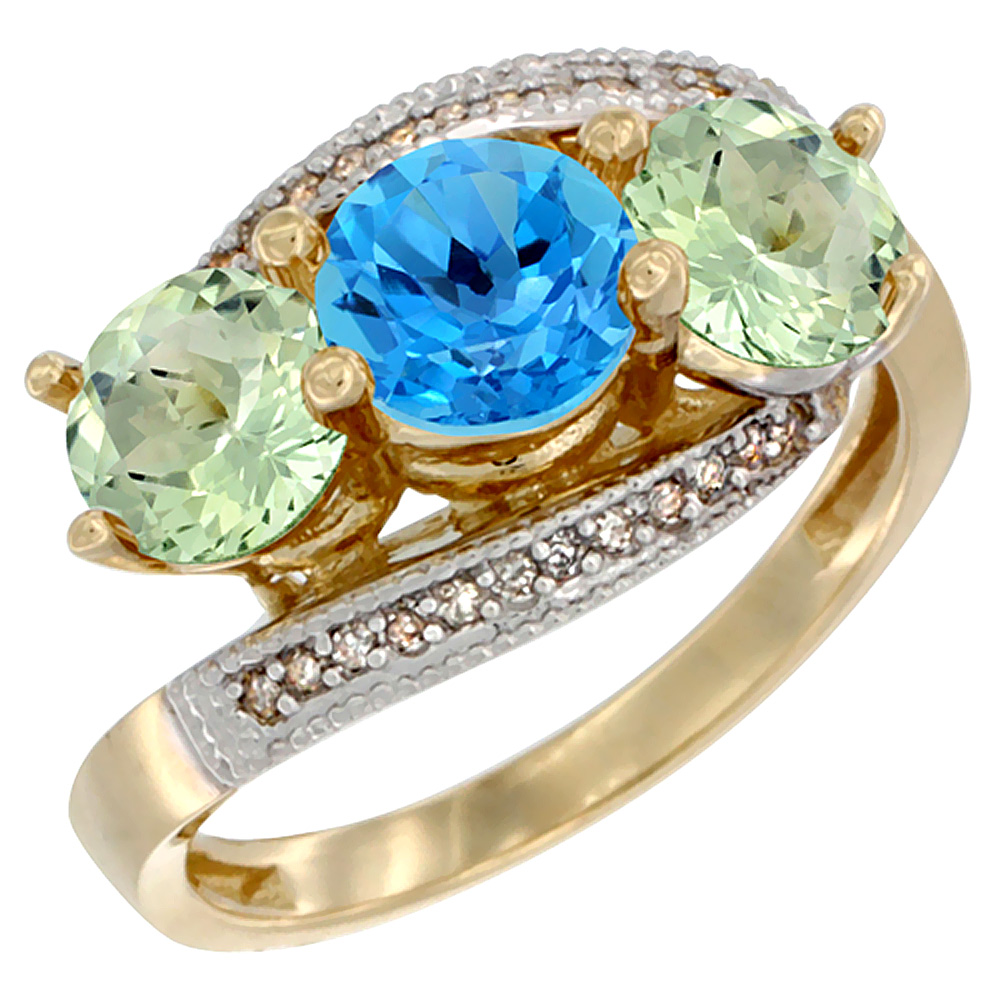 10K Yellow Gold Natural Swiss Blue Topaz &amp; Green Amethyst Sides 3 stone Ring Round 6mm Diamond Accent, sizes 5 - 10