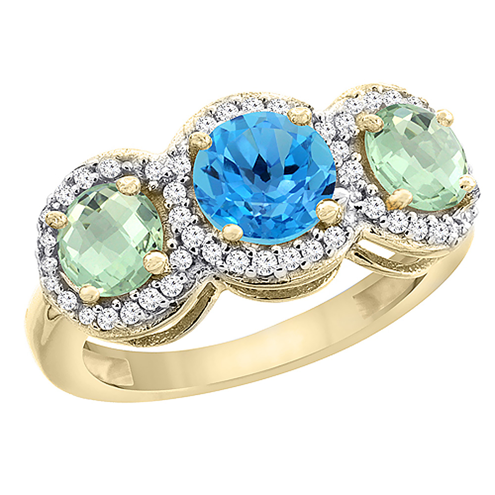10K Yellow Gold Natural Swiss Blue Topaz &amp; Green Amethyst Sides Round 3-stone Ring Diamond Accents, sizes 5 - 10