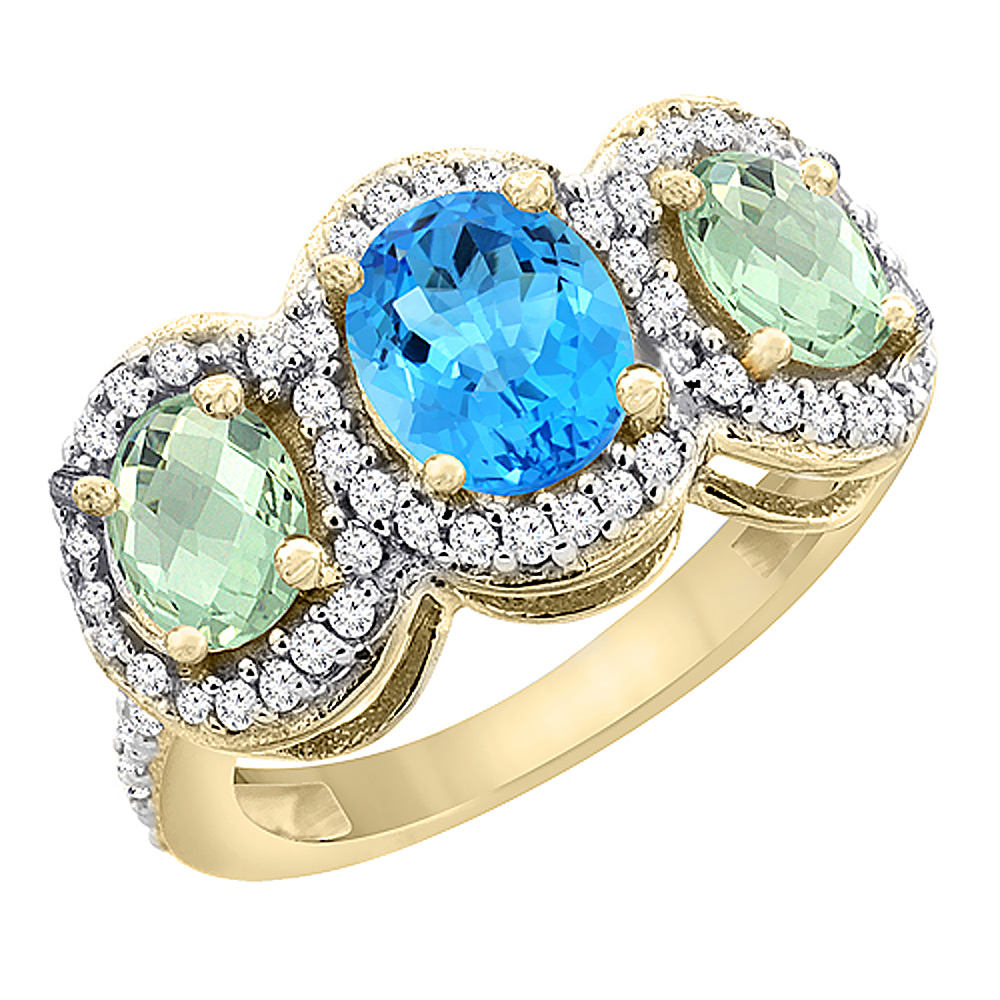 14K Yellow Gold Natural Swiss Blue Topaz & Green Amethyst 3-Stone Ring Oval Diamond Accent, sizes 5 - 10