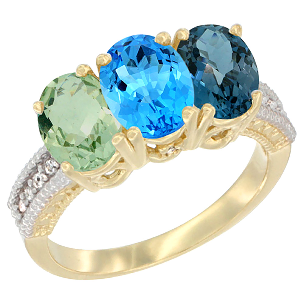 10K Yellow Gold Diamond Natural Green Amethyst, Swiss &amp; London Blue Topazes Ring Oval 3-Stone 7x5 mm,sizes 5-10