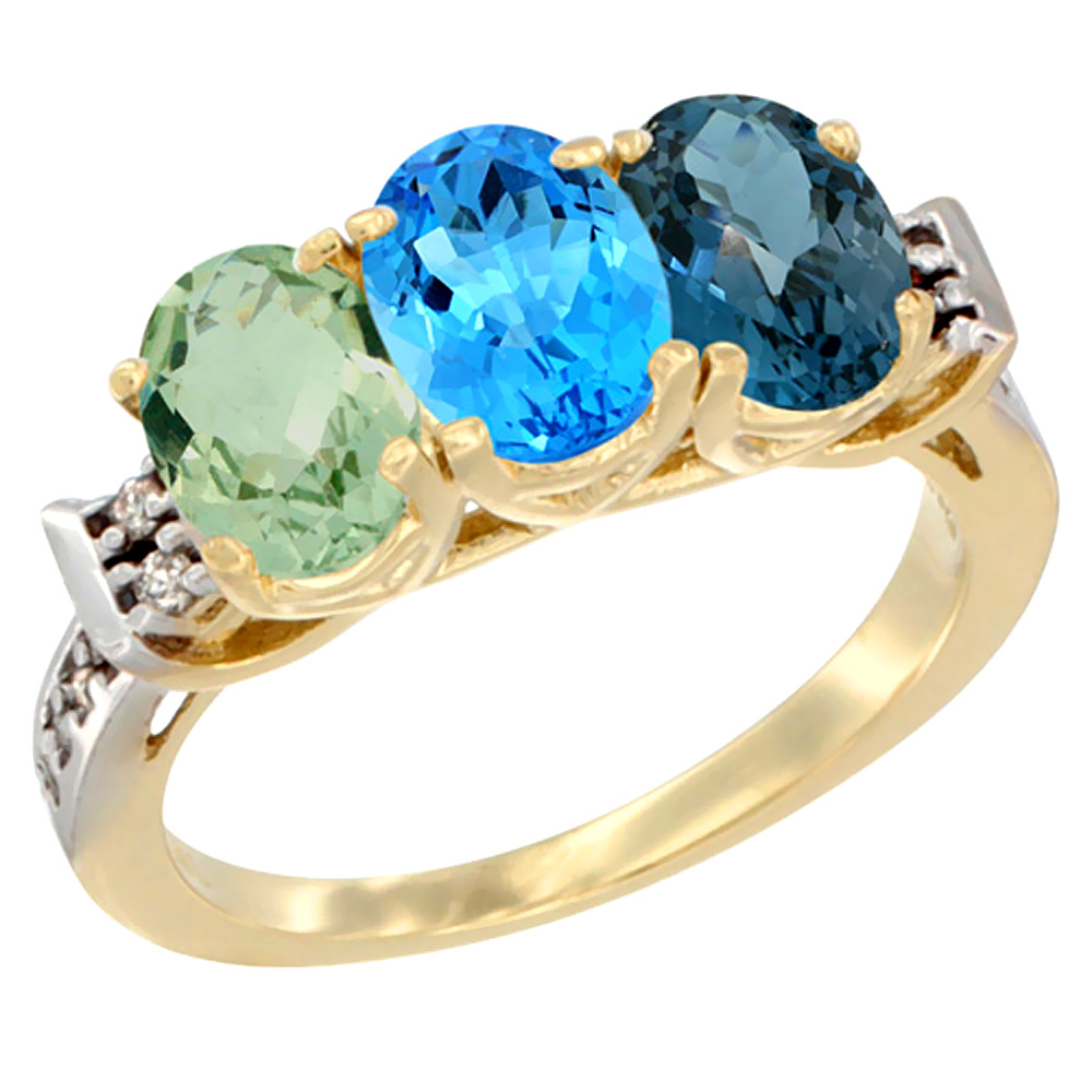 14K Yellow Gold Natural Green Amethyst, Swiss Blue Topaz &amp; London Blue Topaz Ring 3-Stone 7x5 mm Oval Diamond Accent, sizes 5 - 10