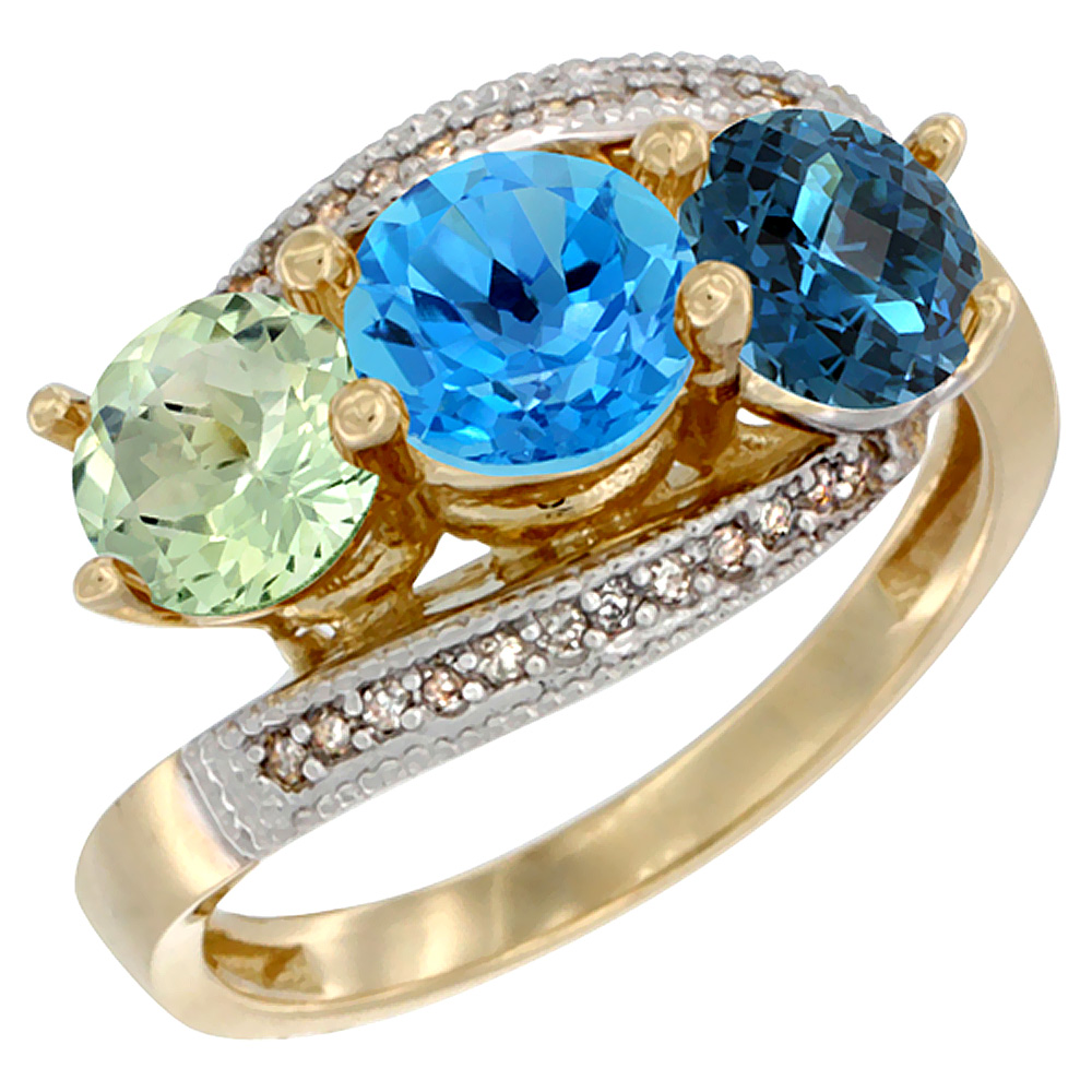14K Yellow Gold Natural Green Amethyst, Swiss &amp; London Blue Topaz 3 stone Ring Round 6mm Diamond Accent, sizes 5 - 10