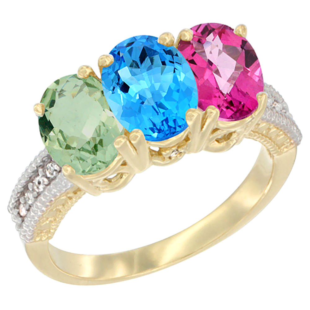14K Yellow Gold Natural Green Amethyst, Swiss Blue Topaz & Pink Topaz Ring 3-Stone 7x5 mm Oval Diamond Accent, sizes 5 - 10