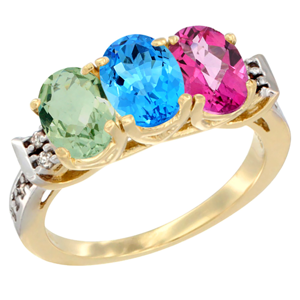 14K Yellow Gold Natural Green Amethyst, Swiss Blue Topaz &amp; Pink Topaz Ring 3-Stone 7x5 mm Oval Diamond Accent, sizes 5 - 10