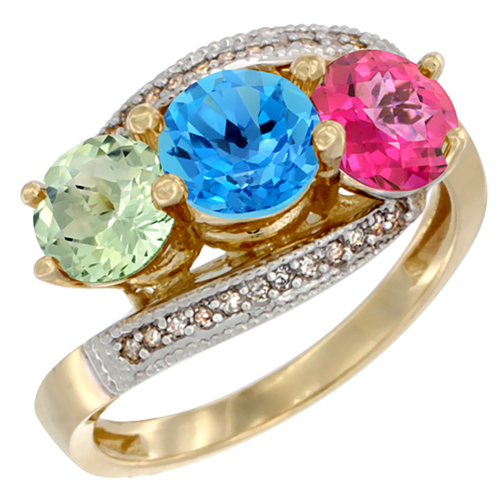 14K Yellow Gold Natural Green Amethyst, Swiss Blue &amp; Pink Topaz 3 stone Ring Round 6mm Diamond Accent, sizes 5 - 10