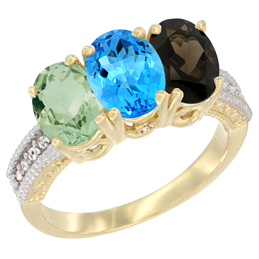 14K Yellow Gold Natural Green Amethyst, Swiss Blue Topaz & Smoky Topaz Ring 3-Stone 7x5 mm Oval Diamond Accent, sizes 5 - 10