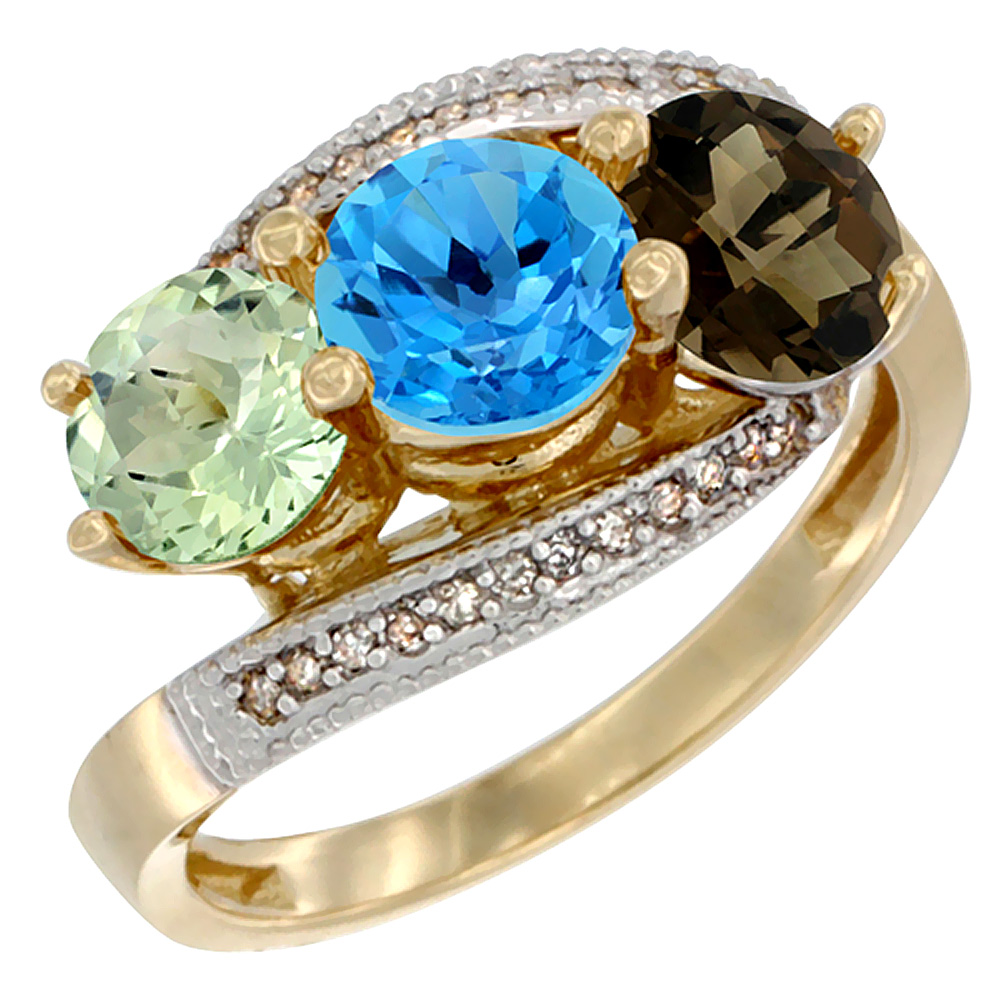 14K Yellow Gold Natural Green Amethyst, Swiss Blue &amp; Smoky Topaz 3 stone Ring Round 6mm Diamond Accent, sizes 5 - 10