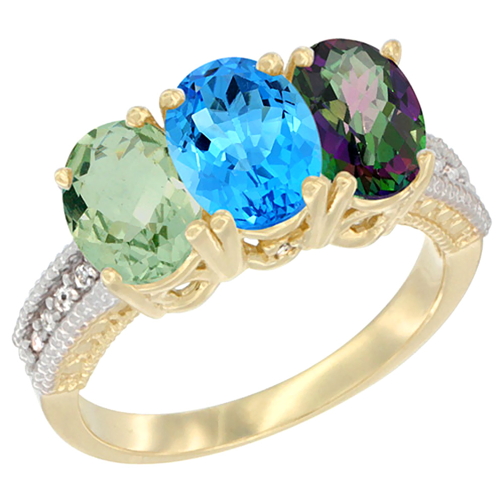14K Yellow Gold Natural Green Amethyst, Swiss Blue Topaz &amp; Mystic Topaz Ring 3-Stone 7x5 mm Oval Diamond Accent, sizes 5 - 10