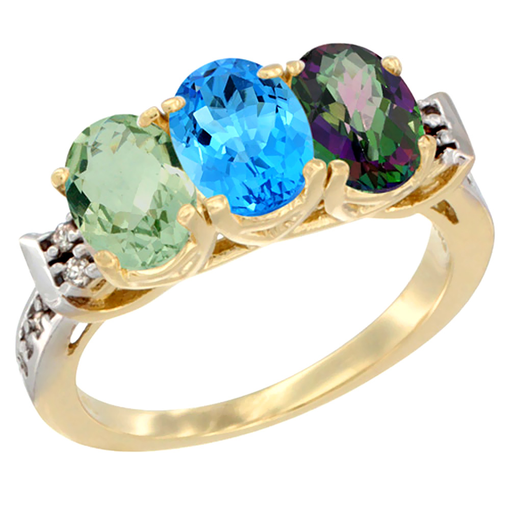 10K Yellow Gold Natural Green Amethyst, Swiss Blue Topaz &amp; Mystic Topaz Ring 3-Stone Oval 7x5 mm Diamond Accent, sizes 5 - 10