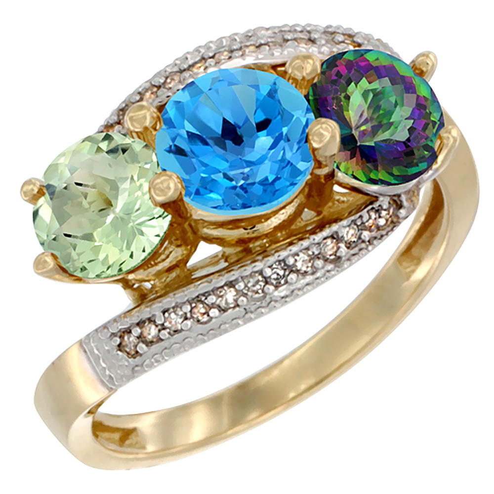 10K Yellow Gold Natural Green Amethyst, Swiss Blue & Mystic Topaz 3 stone Ring Round 6mm Diamond Accent, sizes 5 - 10