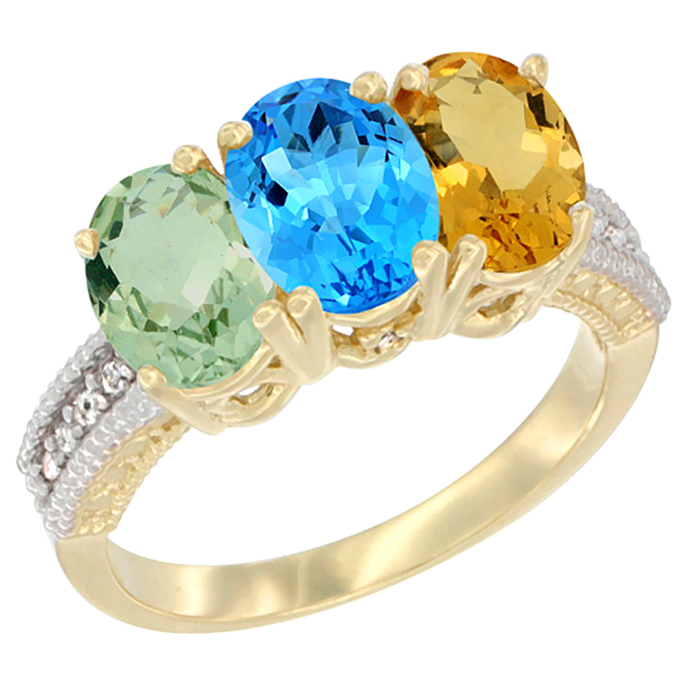 14K Yellow Gold Natural Green Amethyst, Swiss Blue Topaz &amp; Citrine Ring 3-Stone 7x5 mm Oval Diamond Accent, sizes 5 - 10