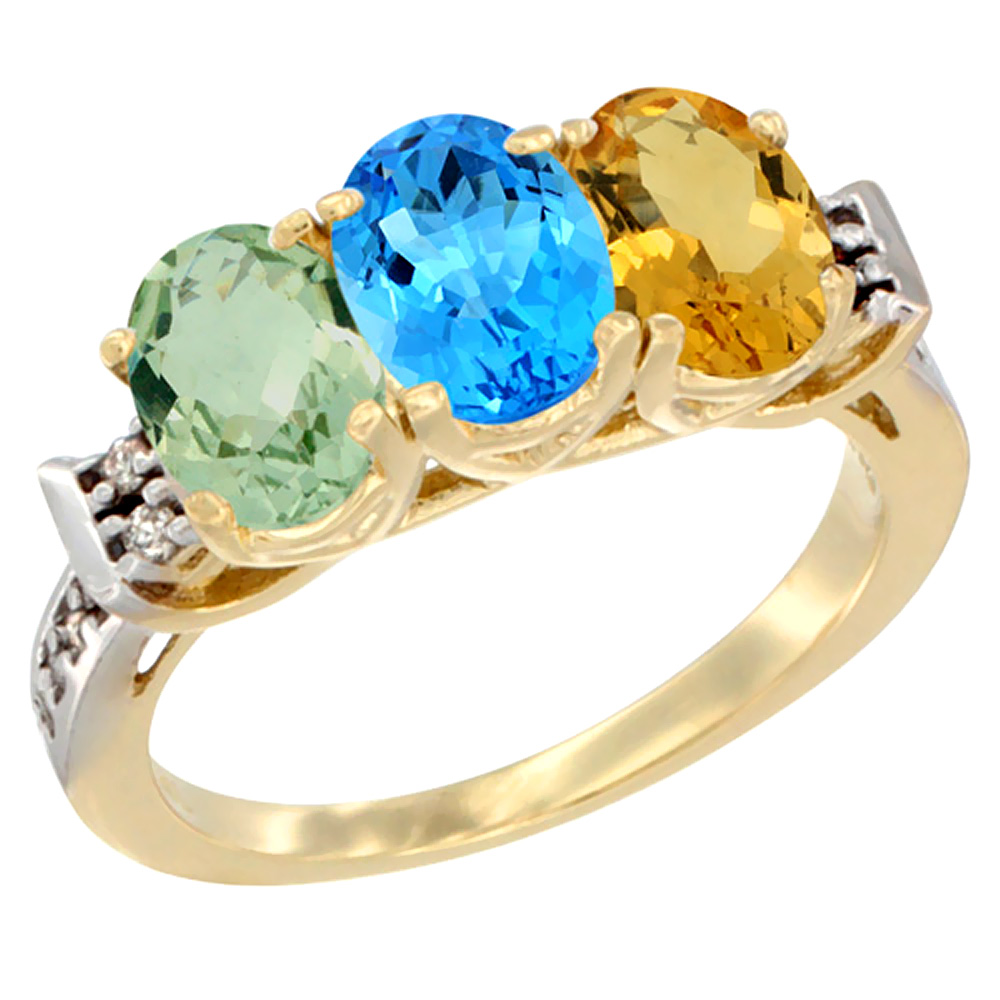 14K Yellow Gold Natural Green Amethyst, Swiss Blue Topaz & Citrine Ring 3-Stone 7x5 mm Oval Diamond Accent, sizes 5 - 10