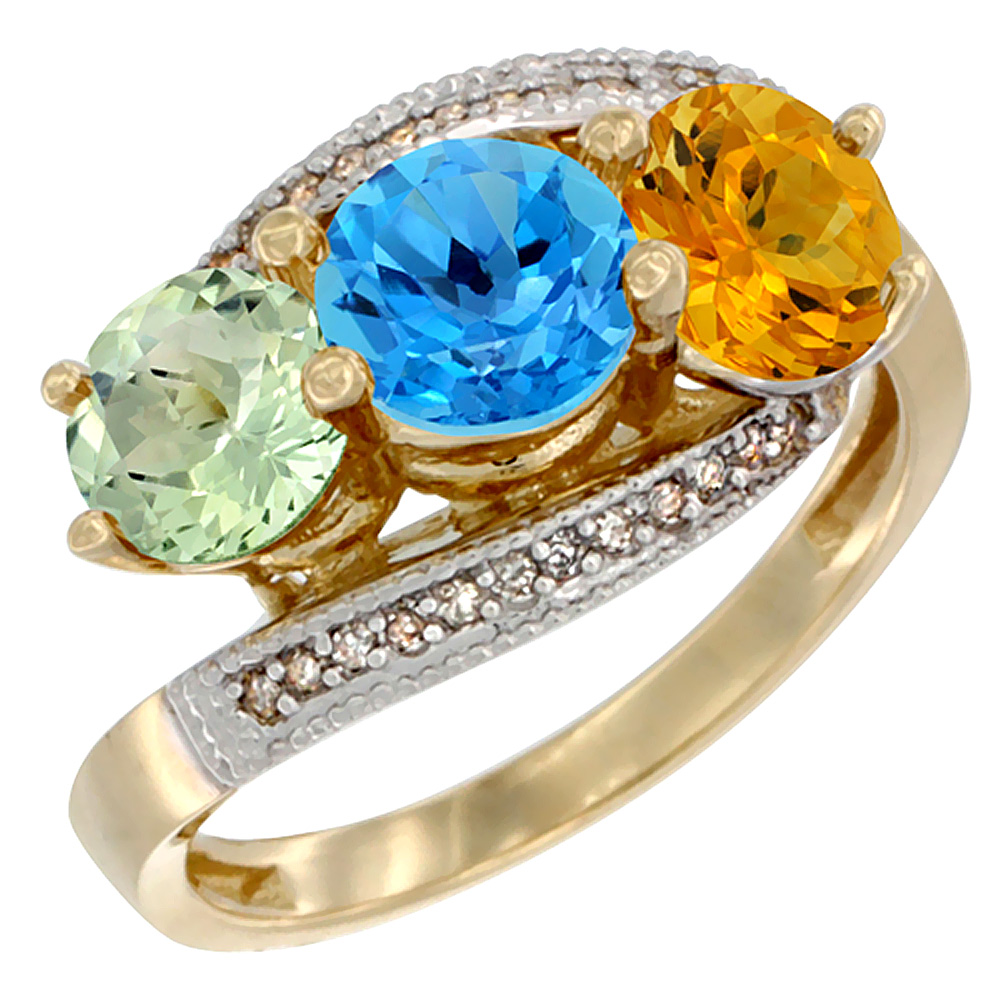 10K Yellow Gold Natural Green Amethyst, Swiss Blue Topaz & Citrine 3 stone Ring Round 6mm Diamond Accent, sizes 5 - 10