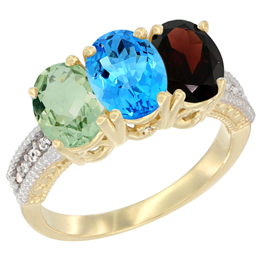 10K Yellow Gold Diamond Natural Green Amethyst, Swiss Blue Topaz & Garnet Ring Oval 3-Stone 7x5 mm,sizes 5-10