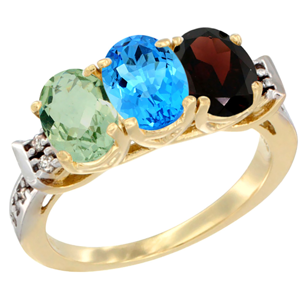 10K Yellow Gold Natural Green Amethyst, Swiss Blue Topaz & Garnet Ring 3-Stone Oval 7x5 mm Diamond Accent, sizes 5 - 10