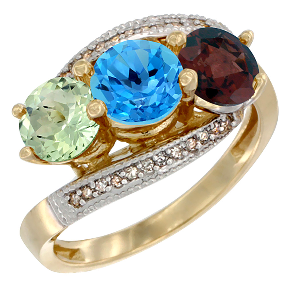 10K Yellow Gold Natural Green Amethyst, Swiss Blue Topaz & Garnet 3 stone Ring Round 6mm Diamond Accent, sizes 5 - 10