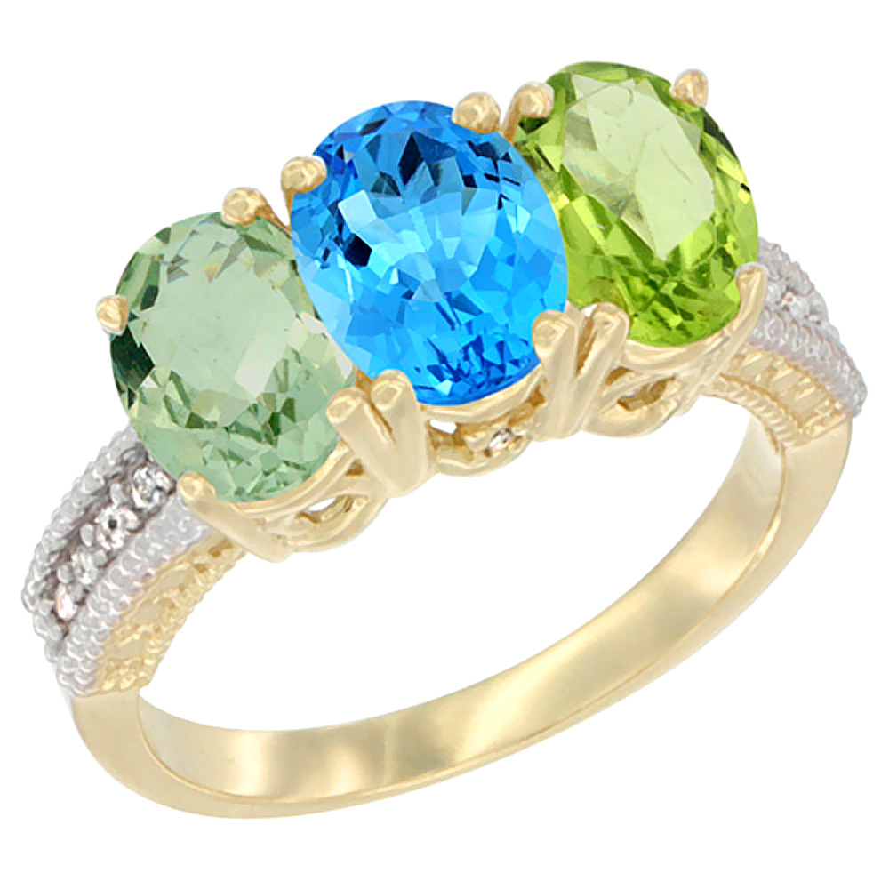 14K Yellow Gold Natural Green Amethyst, Swiss Blue Topaz &amp; Peridot Ring 3-Stone 7x5 mm Oval Diamond Accent, sizes 5 - 10