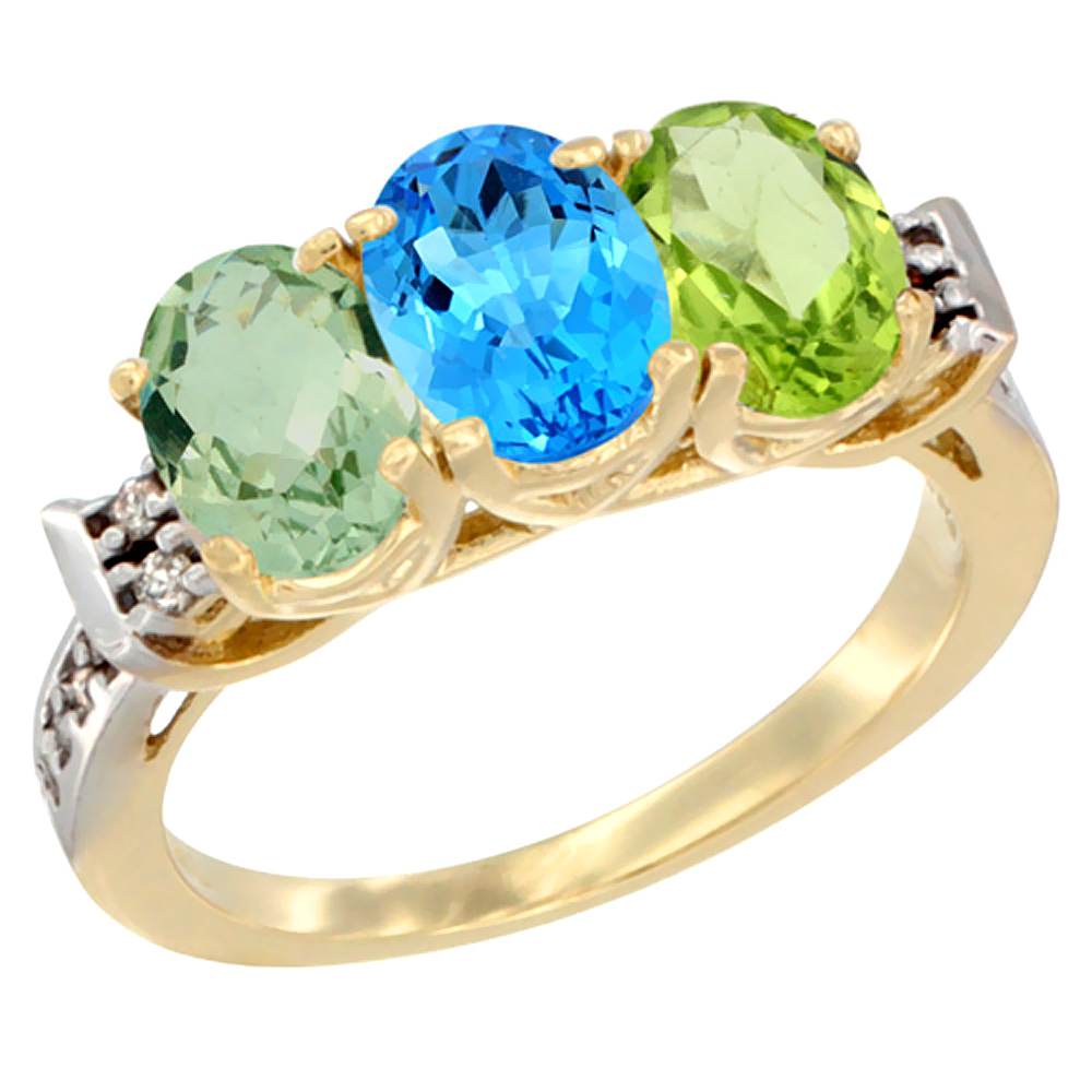 10K Yellow Gold Natural Green Amethyst, Swiss Blue Topaz &amp; Peridot Ring 3-Stone Oval 7x5 mm Diamond Accent, sizes 5 - 10